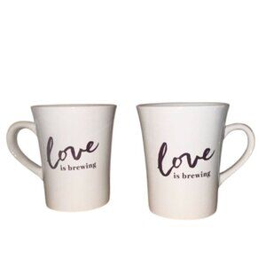 Set Of 2 White Ceramic Coffee Mugs With "Love Is Brewing" Quote
